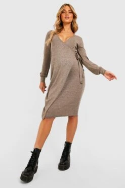 Vestito Scaldacuore Midi Premaman In Maglia In Mélange Con Laccetti -Negozio al dettaglio Vestiti gzz37408 beige xl 2