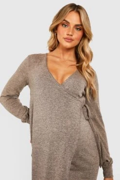 Vestito Scaldacuore Midi Premaman In Maglia In Mélange Con Laccetti -Negozio al dettaglio Vestiti gzz37408 beige xl 3