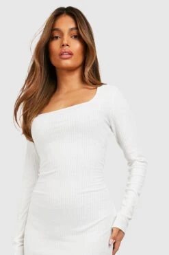 Vestito Midi A Maniche Lunghe A Coste Morbide Con Scollo Quadrato -Negozio al dettaglio Vestiti gzz37917 ecru xl 3