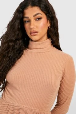 Vestito Midi A Coste Morbide Con Maniche Lunghe E Collo Alto -Negozio al dettaglio Vestiti gzz37918 camel xl 3