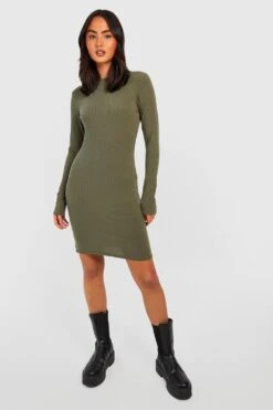 Vestito A Maniche Lunghe A Coste Morbide Con Spacco -Negozio al dettaglio Vestiti gzz37919 khaki xl 2