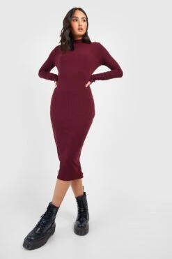 Vestito Midi A Coste Morbide Con Maniche Lunghe E Collo Alto 6 Vestito Midi A Coste Morbide Con Maniche Lunghe E Collo Alto -Negozio al dettaglio Vestiti gzz37921 berry xl 2