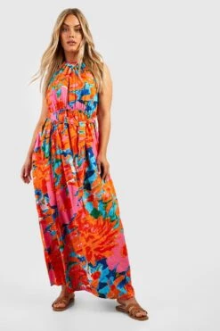 Vestito Maxi Plus Size A Fiori Allacciato Al Collo
