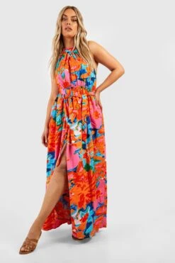 Vestito Maxi Plus Size A Fiori Allacciato Al Collo -Negozio al dettaglio Vestiti gzz37978 orange xl 2