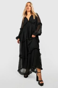 Vestito Maxi Plus Size In Rete Plumetis Con Arricciature