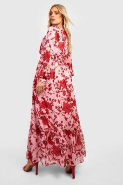 Vestito Maxi Plus Size In Rete Plumetis A Fiori Increspato In Vita -Negozio al dettaglio Vestiti gzz38078 pink xl 1