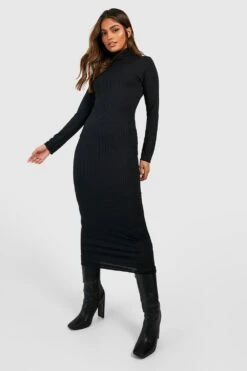 Vestito Longuette A Maniche Lunghe A Coste Con Collo Alto -Negozio al dettaglio Vestiti gzz38187 black xl 2