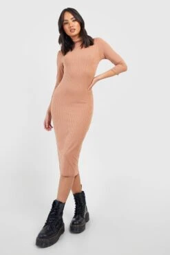 Vestito Midi A Collo Alto A Coste