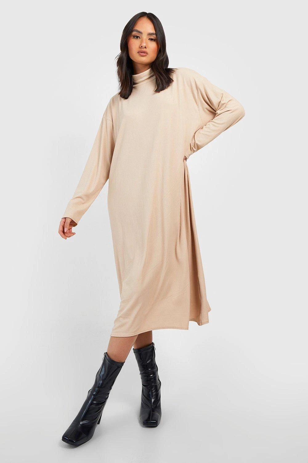 Vestito Midi Oversize A Coste Spazzolata Con Collo Alto 3 Vestito Midi Oversize A Coste Spazzolata Con Collo Alto - immagine 3