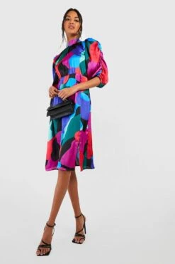 Vestito Midi In Raso In Fantasia Astratta Con Maniche A Sbuffo -Negozio al dettaglio Vestiti gzz39075 multi xl 2