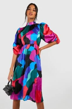 Vestito Midi In Raso In Fantasia Astratta Con Maniche A Sbuffo -Negozio al dettaglio Vestiti gzz39075 multi xl 3