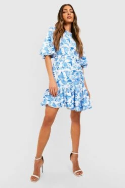 Vestito Skater A Fiori Con Arricciature E Maniche Ad Angelo -Negozio al dettaglio Vestiti gzz39135 blue xl 2