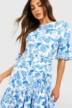 Vestito Skater A Fiori Con Arricciature E Maniche Ad Angelo -Negozio al dettaglio Vestiti gzz39135 blue xl 3