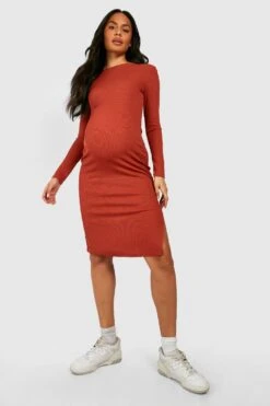 Vestito Midi Premaman A Maniche Lunghe Con Spacco