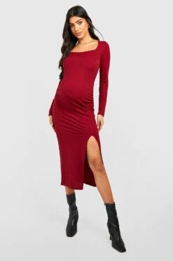 Vestito Longuette Premaman A Coste Con Scollo Quadrato E Spacco