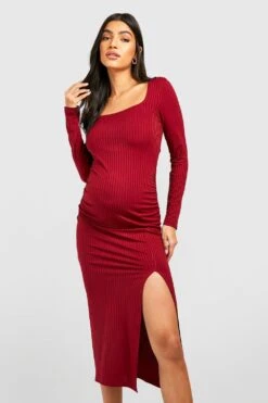 Vestito Longuette Premaman A Coste Con Scollo Quadrato E Spacco -Negozio al dettaglio Vestiti gzz39709 wine xl 2