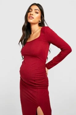 Vestito Longuette Premaman A Coste Con Scollo Quadrato E Spacco -Negozio al dettaglio Vestiti gzz39709 wine xl 3