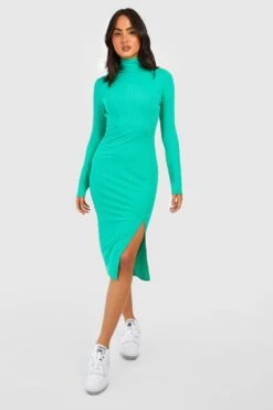 Vestito Midi A Collo Alto A Coste Con Spacco Laterale -Negozio al dettaglio Vestiti gzz39715 green xl 2