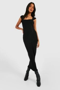 Vestito Longuette In Maglia A Coste Premium Con Dettagli Stile Corsetto, Cuciture E Maniche Ad Aletta