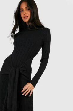 Vestito Longuette A Collo Alto In Maglia A Coste Premium Con Laccetti In Vita -Negozio al dettaglio Vestiti gzz39782 black xl 2