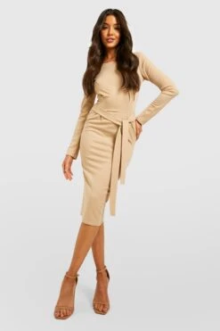 Vestito Midi Basic A Maniche Lunghe In Crêpe Con Laccetti In Vita