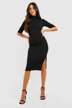 Vestito Midi A Collo Alto Con Mezze Maniche E Spacco Laterale
