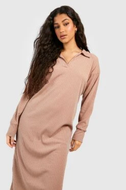 Vestito In Maglia Midi A Coste Morbide Con Maniche Lunghe E Colletto Stile Polo 7 Vestito In Maglia Midi A Coste Morbide Con Maniche Lunghe E Colletto Stile Polo -Negozio al dettaglio Vestiti gzz40123 stone xl 3