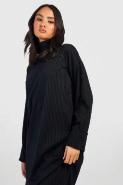 Vestito Midi In Maglia A Coste Morbide Con Collo Alto E Risvolti -Negozio al dettaglio Vestiti gzz40144 black xl 3