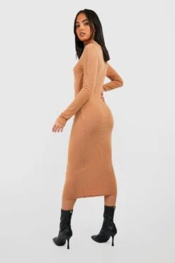 Vestito Midi A Coste Morbide Con Maniche Lunghe E Zip Frontale -Negozio al dettaglio Vestiti gzz40151 camel xl 1