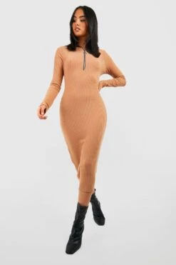 Vestito Midi A Coste Morbide Con Maniche Lunghe E Zip Frontale -Negozio al dettaglio Vestiti gzz40151 camel xl 2