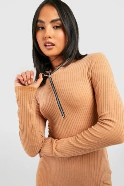 Vestito Midi A Coste Morbide Con Maniche Lunghe E Zip Frontale -Negozio al dettaglio Vestiti gzz40151 camel xl 3