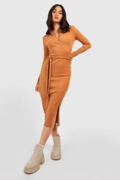 Vestito Midi Con Spacco Laterale E Cintura 6 Vestito Midi Con Spacco Laterale E Cintura -Negozio al dettaglio Vestiti gzz40194 camel xl 2