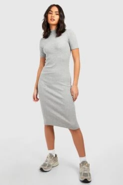 Vestito Midi A Collo Alto A Coste Con Maniche Corte -Negozio al dettaglio Vestiti gzz40198 grey20marl xl 2