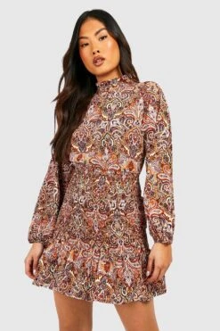 Vestito A Collo Alto Petite In Fantasia Cachemire Con Increspature E Arricciature