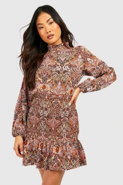 Vestito A Collo Alto Petite In Fantasia Cachemire Con Increspature E Arricciature -Negozio al dettaglio Vestiti gzz40257 rust xl 2