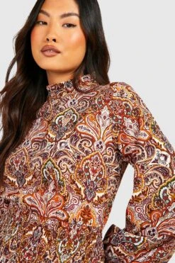 Vestito A Collo Alto Petite In Fantasia Cachemire Con Increspature E Arricciature -Negozio al dettaglio Vestiti gzz40257 rust xl 3