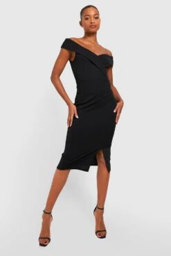 Vestito Midi Tall Con Spalle Scoperte E Spacco Laterale