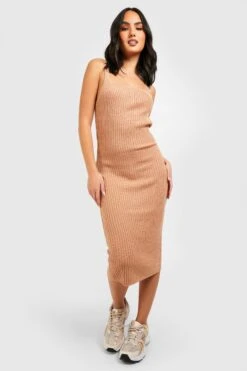 Vestito Longuette Basic In Maglia A Coste Con Scollo Quadrato 6 Vestito Longuette Basic In Maglia A Coste Con Scollo Quadrato -Negozio al dettaglio Vestiti gzz40323 camel xl 2