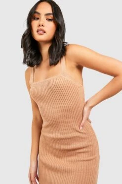 Vestito Longuette Basic In Maglia A Coste Con Scollo Quadrato 7 Vestito Longuette Basic In Maglia A Coste Con Scollo Quadrato -Negozio al dettaglio Vestiti gzz40323 camel xl 3