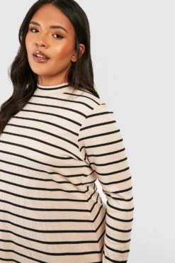 Vestito Scampanato A Collo Alto Plus Size In Maglia A Coste A Righe -Negozio al dettaglio Vestiti gzz40559 stone xl 3