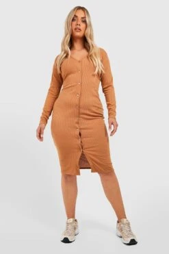Vestito Midi Plus Size In Maglia Morbida Con Colletto E Bottoni -Negozio al dettaglio Vestiti gzz40588 camel xl 2