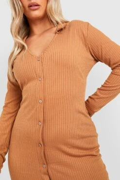 Vestito Midi Plus Size In Maglia Morbida Con Colletto E Bottoni -Negozio al dettaglio Vestiti gzz40588 camel xl 3