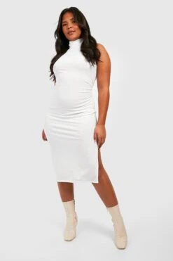 Vestito Midi Plus Size In Maglia Morbida A Coste Con Collo Alto