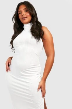 Vestito Midi Plus Size In Maglia Morbida A Coste Con Collo Alto -Negozio al dettaglio Vestiti gzz40589 cream xl 3
