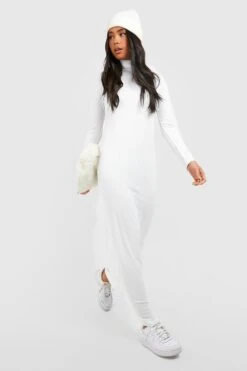 Vestito Maxi Rilassato Petite A Collo Alto A Coste Ampie