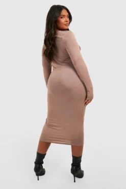 Vestito Midi Plus Size Drappeggiato A Maniche Lunghe -Negozio al dettaglio Vestiti gzz40806 taupe xl 1