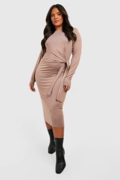 Vestito Midi Plus Size Drappeggiato A Maniche Lunghe -Negozio al dettaglio Vestiti gzz40806 taupe xl 2