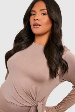 Vestito Midi Plus Size Drappeggiato A Maniche Lunghe -Negozio al dettaglio Vestiti gzz40806 taupe xl 3