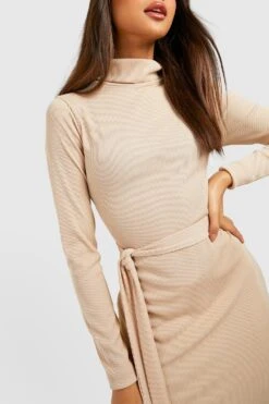 Vestito Midi A Collo Alto A Coste Con Cintura -Negozio al dettaglio Vestiti gzz40835 camel xl 3