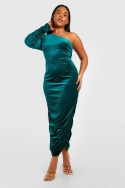 Vestito Midi Plus Size Monospalla In Velluto Glitterato -Negozio al dettaglio Vestiti gzz40840 emerald xl 2